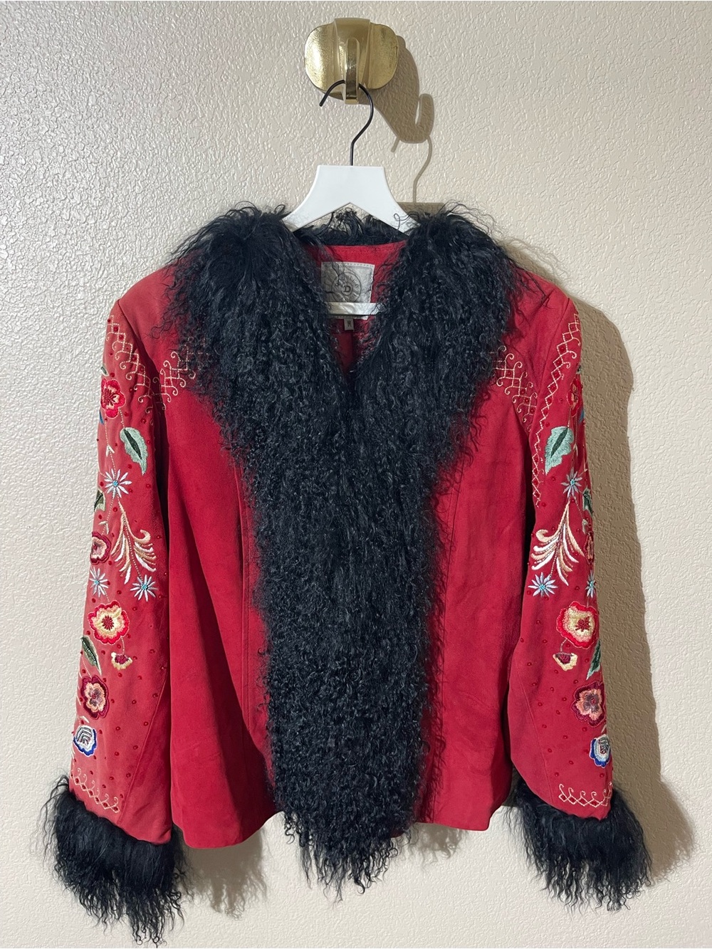 Double D Ranch Stunning Red Embroidered Jacket with Black Mongolian Fur Trim